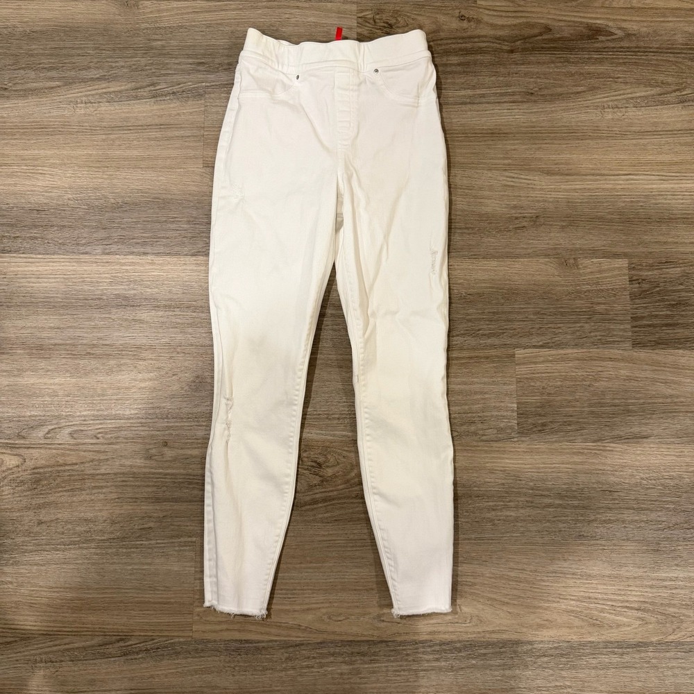 SPANX White Distressed Skinny Jeans‎ Small Raw Hem Ankle Stretch